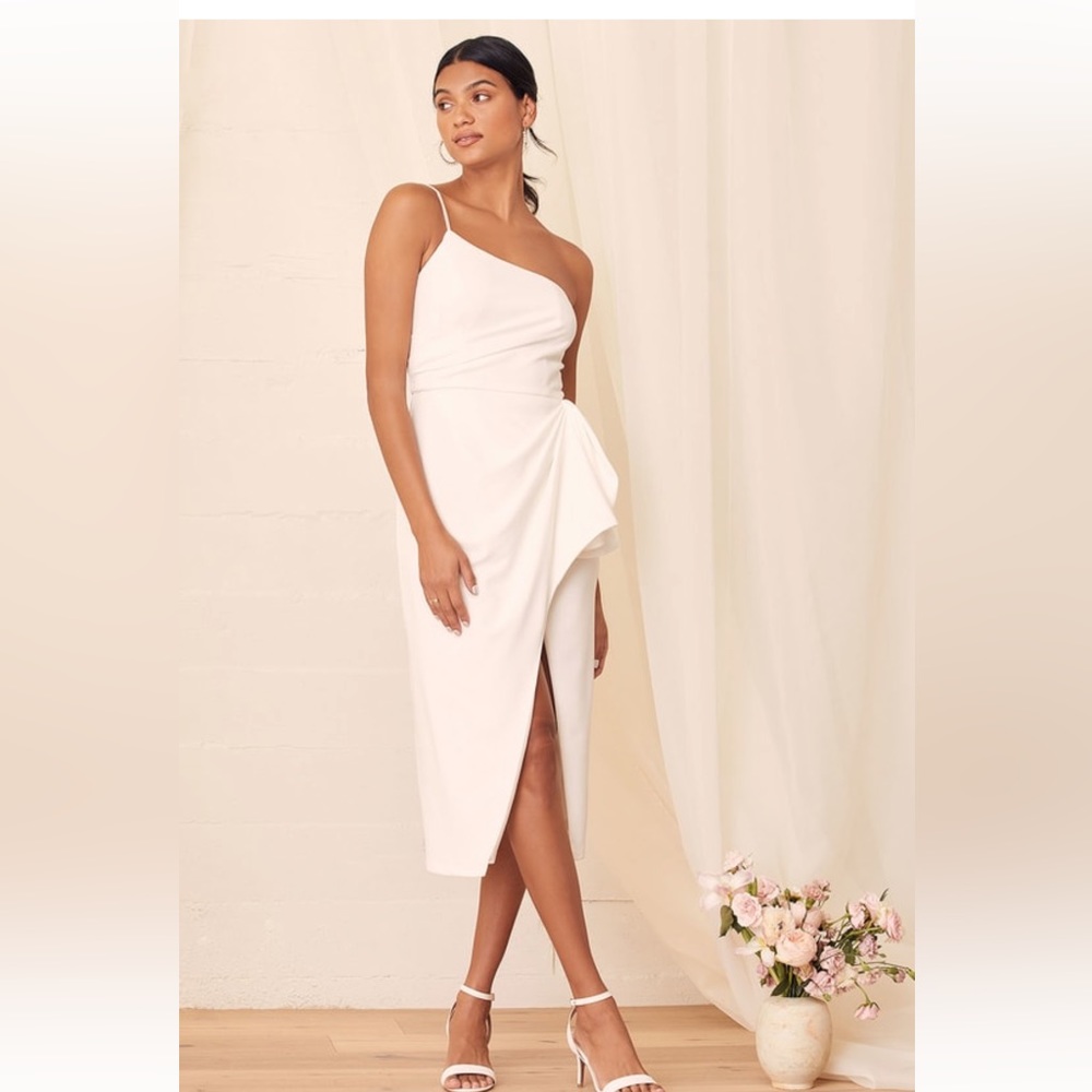 White One Shoulder Ruffle Midi Dress